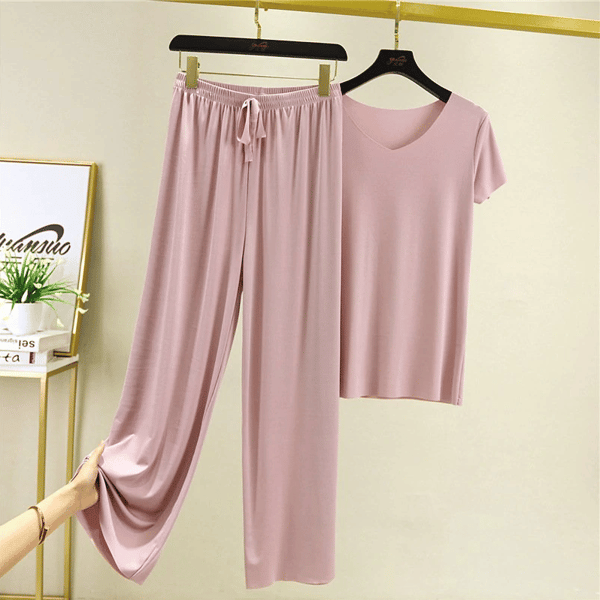 🎉LAST DAY 70% OFF - 🔥Soft Comfortable Ice Silk Short Sleeve T-Shirt Two Piece Set Loose Wide-leg Pants