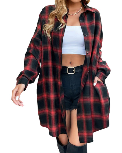 WOMEN'S BUTTON DOWN FLANNEL SHIRTS PLAID SHACKET COLLARED LONG JACKET COATS(BUY 2 FREE SHIPPING)