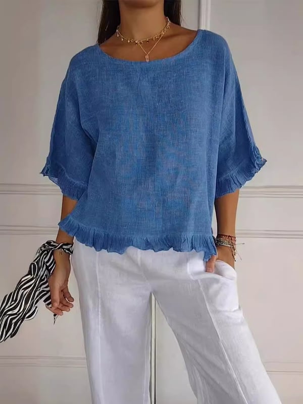 🔥🎁Round Neck Ruffled Hem Mid-sleeve Cotton and Linen Top