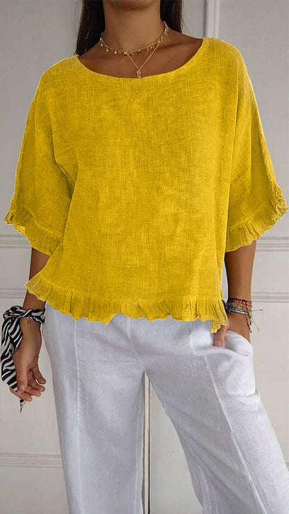 🔥🎁Round Neck Ruffled Hem Mid-sleeve Cotton and Linen Top