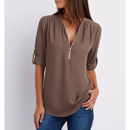 Plus Size Loose 3/4 Sleeve Zipper Blouse