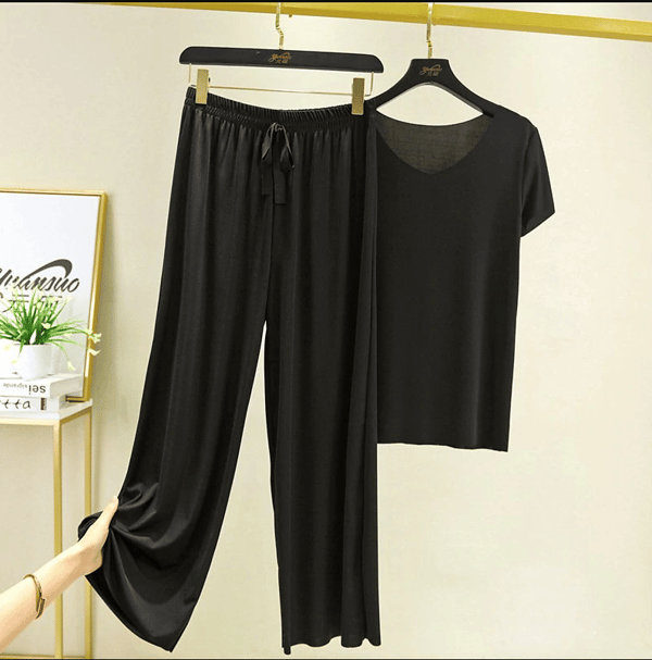 🎉LAST DAY 70% OFF - 🔥Soft Comfortable Ice Silk Short Sleeve T-Shirt Two Piece Set Loose Wide-leg Pants