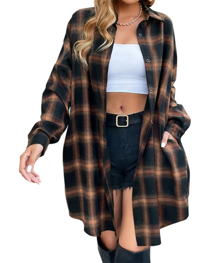 WOMEN'S BUTTON DOWN FLANNEL SHIRTS PLAID SHACKET COLLARED LONG JACKET COATS(BUY 2 FREE SHIPPING)