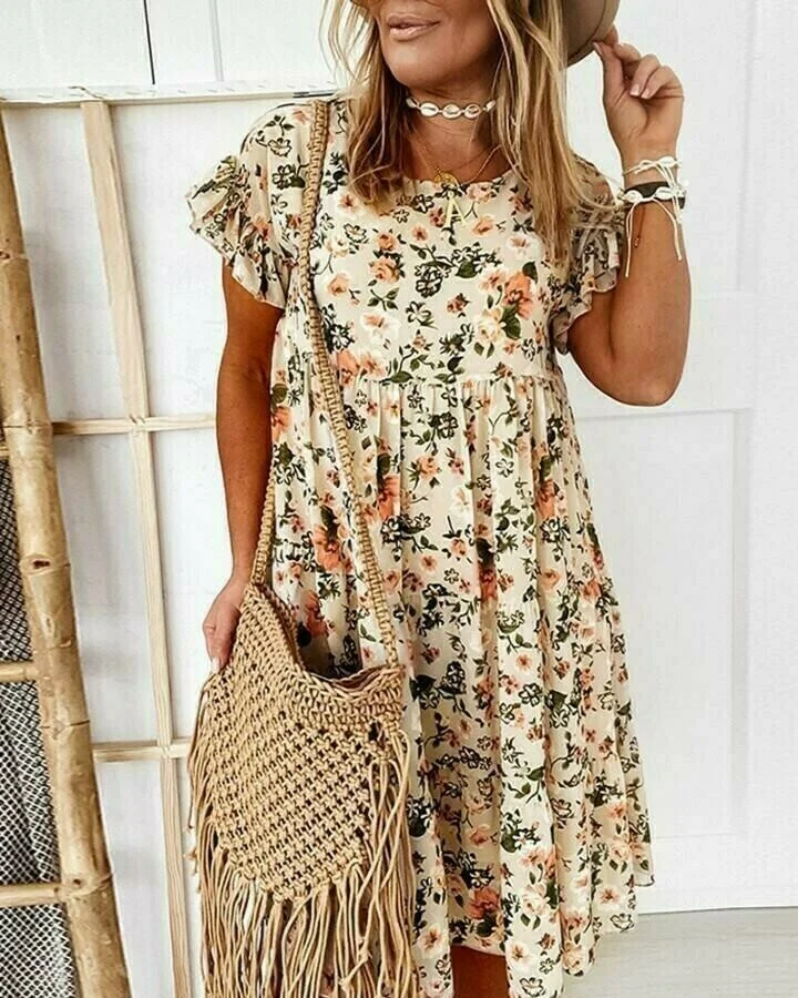 Round Neck Floral Short-sleeved Loose Dress