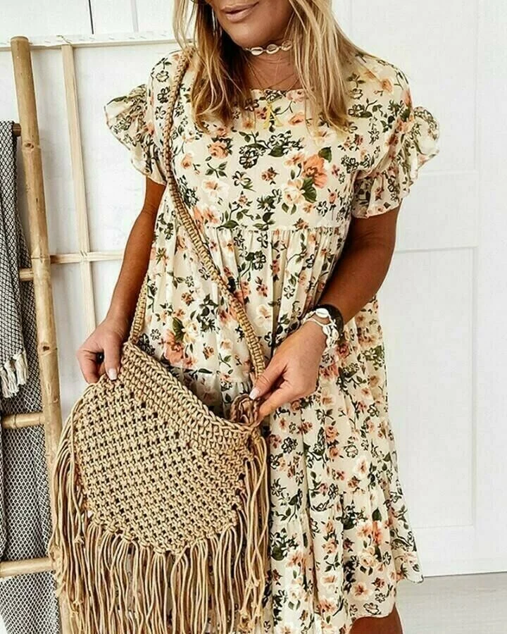 Round Neck Floral Short-sleeved Loose Dress