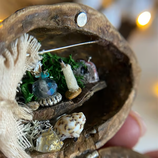 Handmade.🏠Walnut Shell Doll House--mini library, tiny World inside walnuts