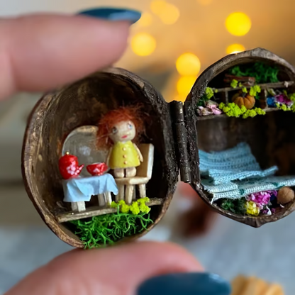 Handmade.🏠Walnut Shell Doll House--mini library, tiny World inside walnuts