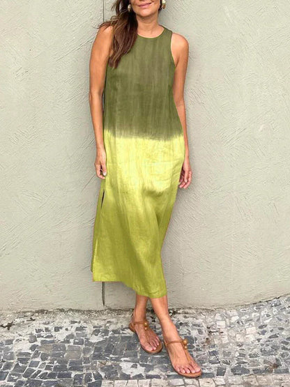 Women's casual cotton and linen sleeveless slit gradient tie-dye long dress