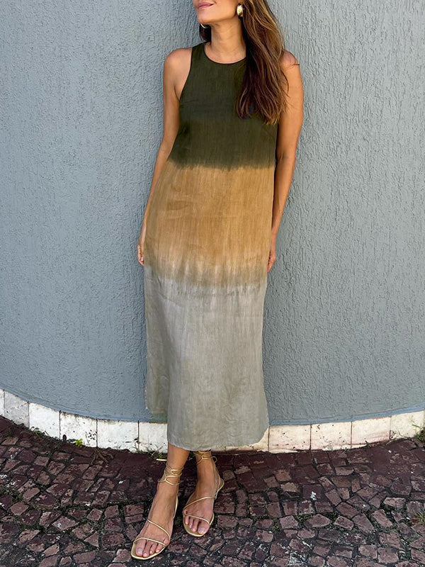 Women's casual cotton and linen sleeveless slit gradient tie-dye long dress