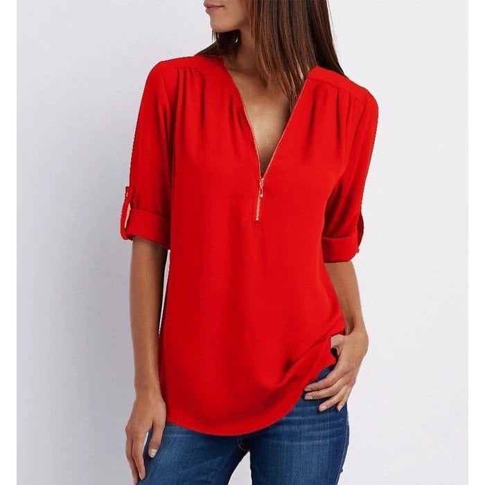 Plus Size Loose 3/4 Sleeve Zipper Blouse (Buy 3 Free Shipping)