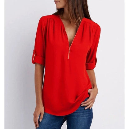 Plus Size Loose 3/4 Sleeve Zipper Blouse