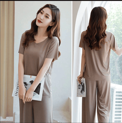 🎉LAST DAY 70% OFF - 🔥Soft Comfortable Ice Silk Short Sleeve T-Shirt Two Piece Set Loose Wide-leg Pants