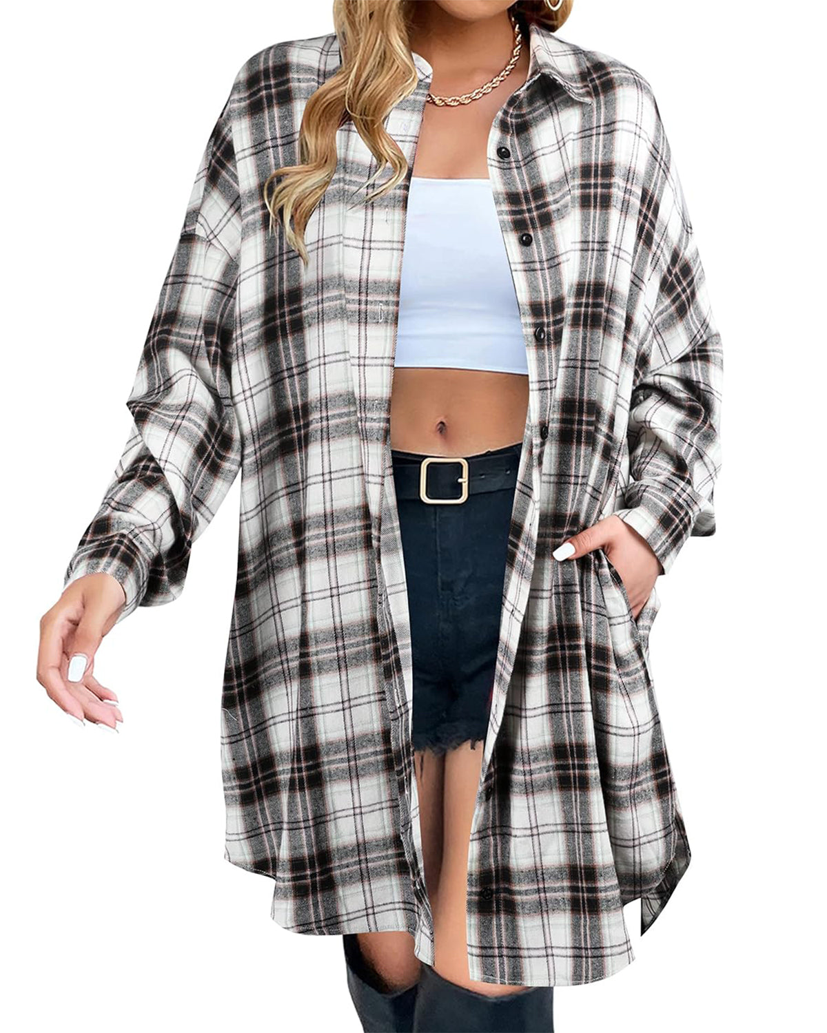 WOMEN'S BUTTON DOWN FLANNEL SHIRTS PLAID SHACKET COLLARED LONG JACKET COATS(BUY 2 FREE SHIPPING)