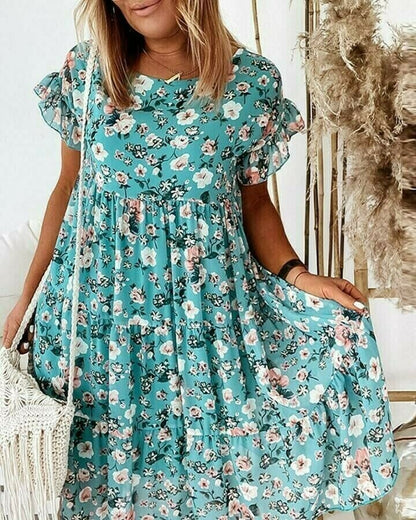 Round Neck Floral Short-sleeved Loose Dress