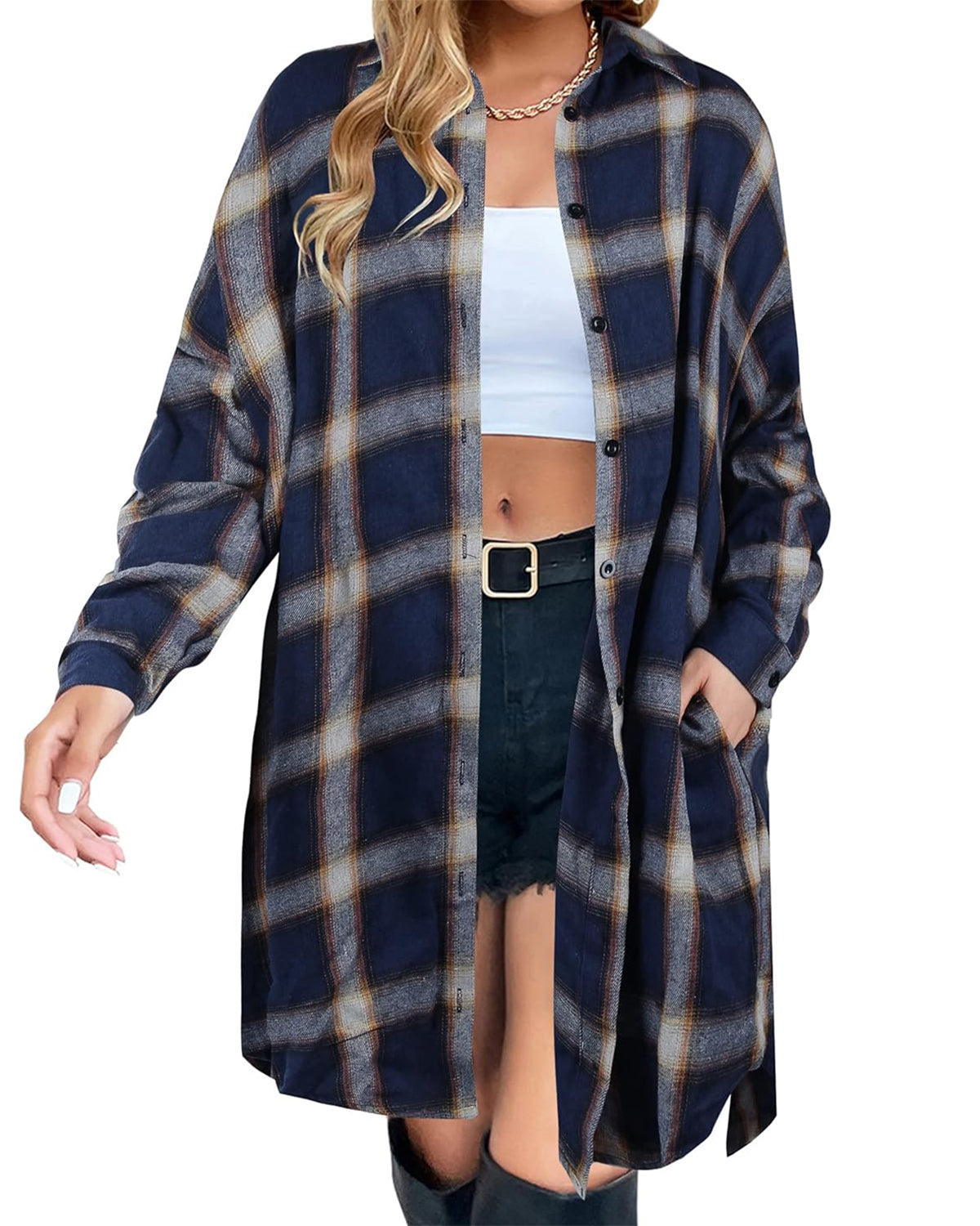 WOMEN'S BUTTON DOWN FLANNEL SHIRTS PLAID SHACKET COLLARED LONG JACKET COATS(BUY 2 FREE SHIPPING)