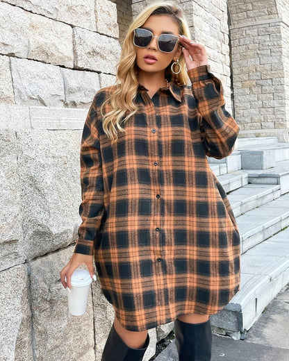 WOMEN'S BUTTON DOWN FLANNEL SHIRTS PLAID SHACKET COLLARED LONG JACKET COATS(BUY 2 FREE SHIPPING)