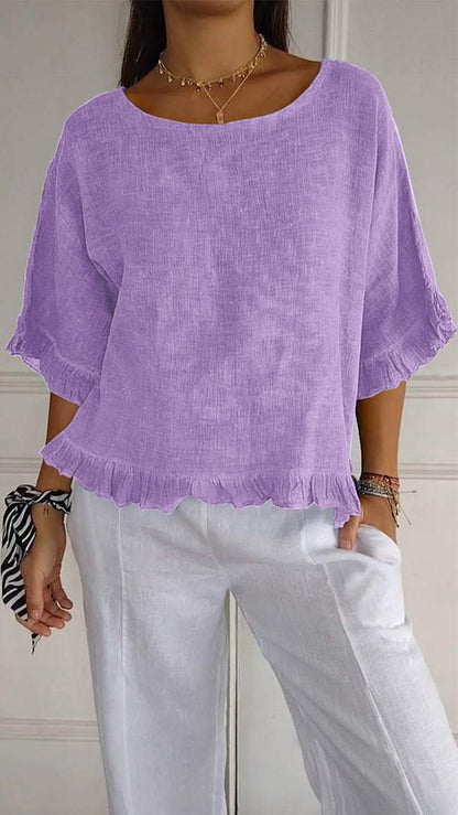 🔥🎁Round Neck Ruffled Hem Mid-sleeve Cotton and Linen Top