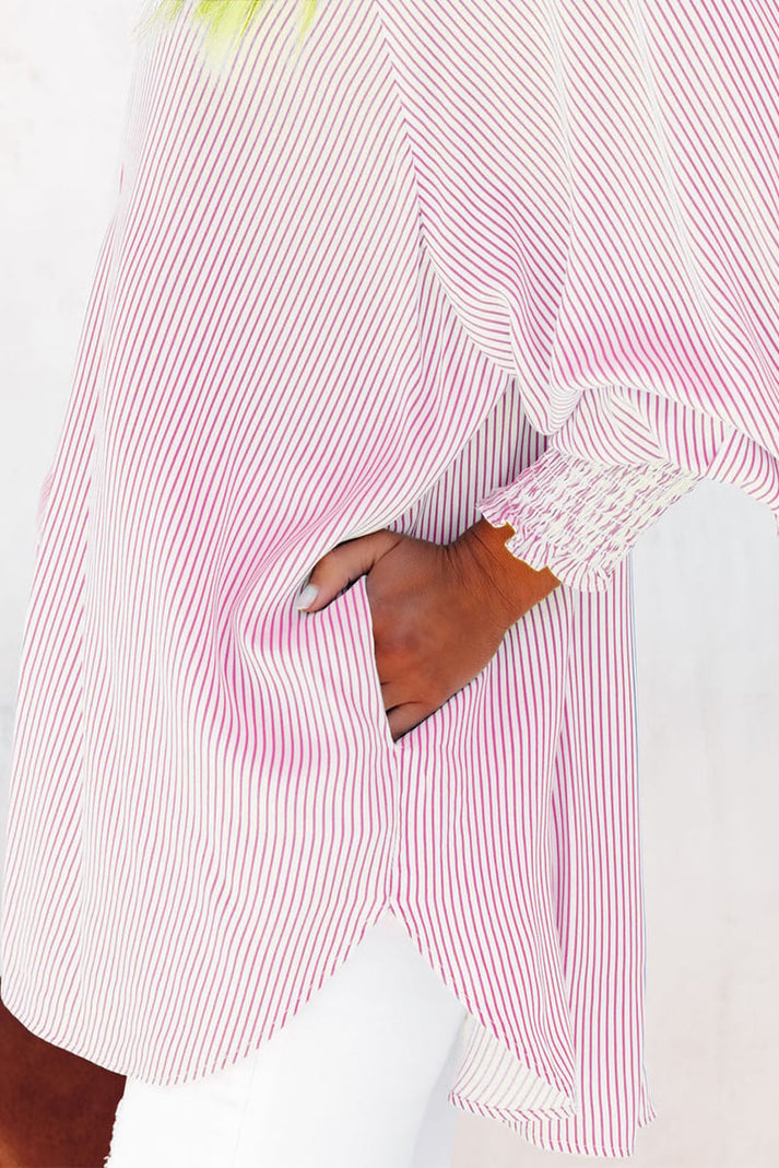 🔥Last Day Sale 70% OFF🏆️Mid-length smocked shirt with striped lapel and oversized drawdown sleeves