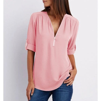 Plus Size Loose 3/4 Sleeve Zipper Blouse (Buy 3 Free Shipping)