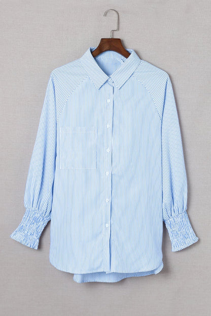 🔥Last Day Sale 70% OFF🏆️Mid-length smocked shirt with striped lapel and oversized drawdown sleeves