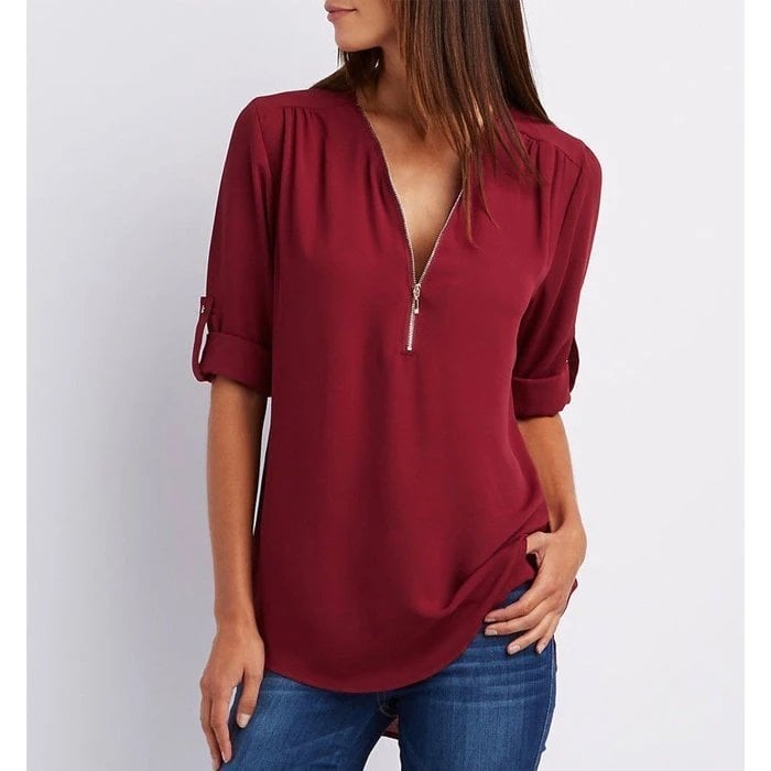 Plus Size Loose 3/4 Sleeve Zipper Blouse (Buy 3 Free Shipping)