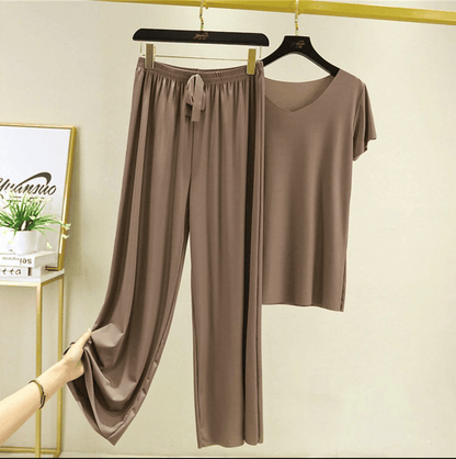 🎉LAST DAY 70% OFF - 🔥Soft Comfortable Ice Silk Short Sleeve T-Shirt Two Piece Set Loose Wide-leg Pants