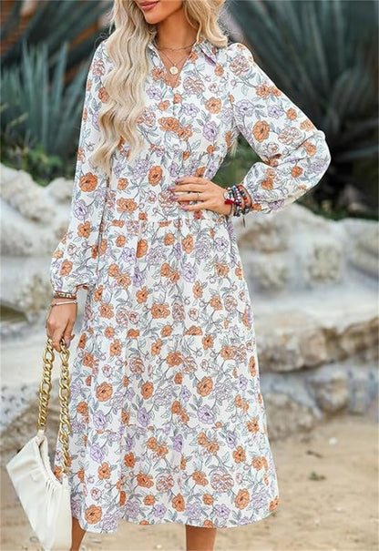 HOT SALE Women's Casual Loose Puff Sleeve V Neck Bohemian Floral Dress