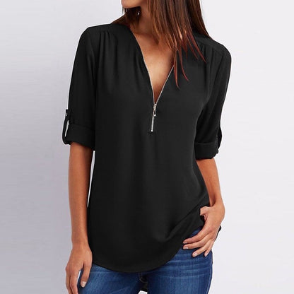 Plus Size Loose 3/4 Sleeve Zipper Blouse