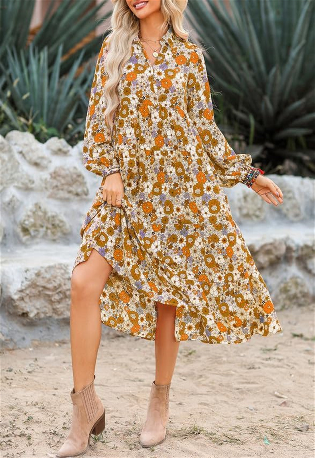 HOT SALE Women's Casual Loose Puff Sleeve V Neck Bohemian Floral Dress