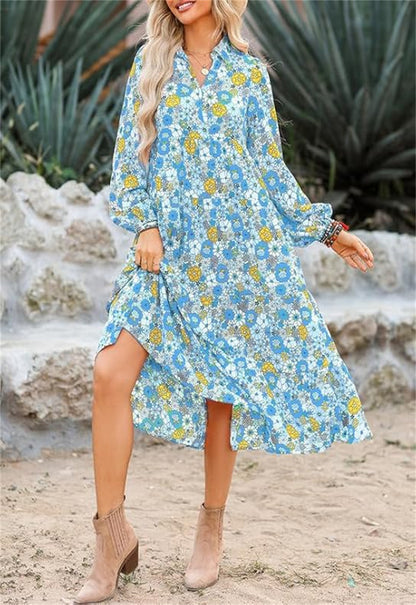 HOT SALE Women's Casual Loose Puff Sleeve V Neck Bohemian Floral Dress