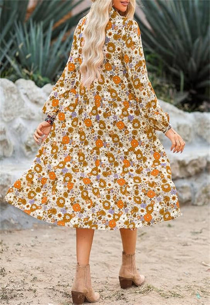 HOT SALE Women's Casual Loose Puff Sleeve V Neck Bohemian Floral Dress