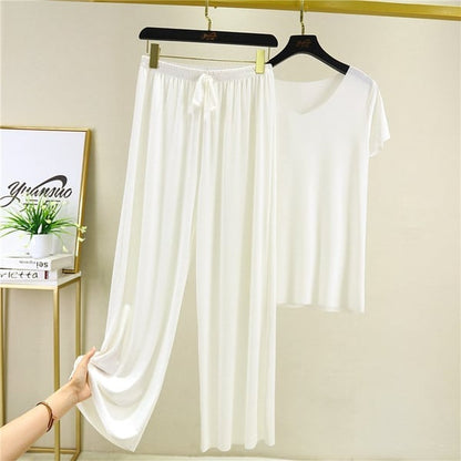 🎉LAST DAY 70% OFF - 🔥Soft Comfortable Ice Silk Short Sleeve T-Shirt Two Piece Set Loose Wide-leg Pants