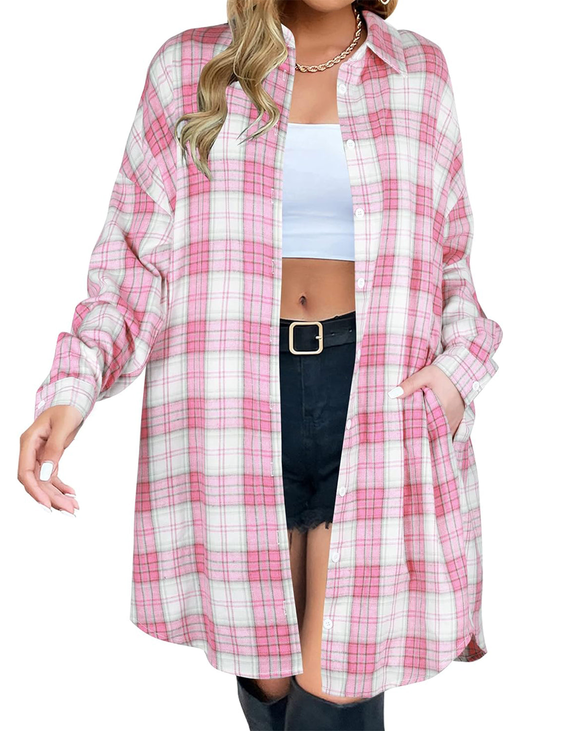 WOMEN'S BUTTON DOWN FLANNEL SHIRTS PLAID SHACKET COLLARED LONG JACKET COATS(BUY 2 FREE SHIPPING)