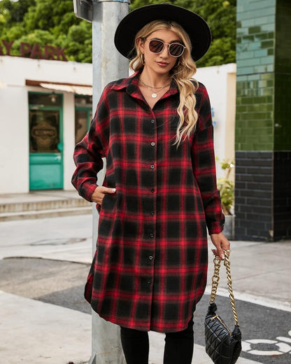 WOMEN'S BUTTON DOWN FLANNEL SHIRTS PLAID SHACKET COLLARED LONG JACKET COATS(BUY 2 FREE SHIPPING)