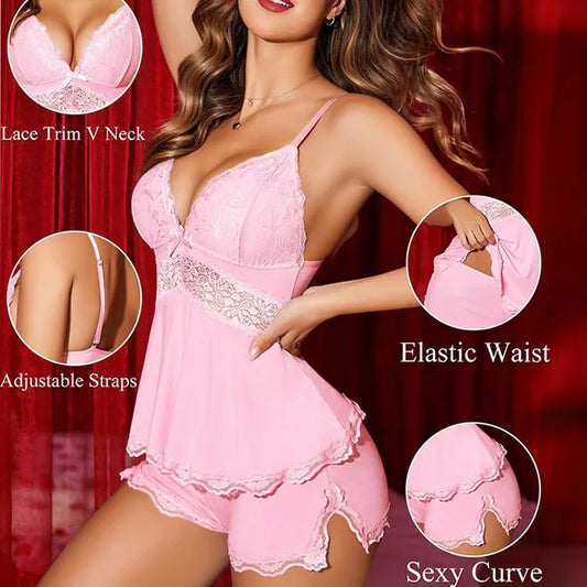 🎉Hot Sale💕Lace Trimmed V-Neck Camisole & Shorts Sleepwear Set