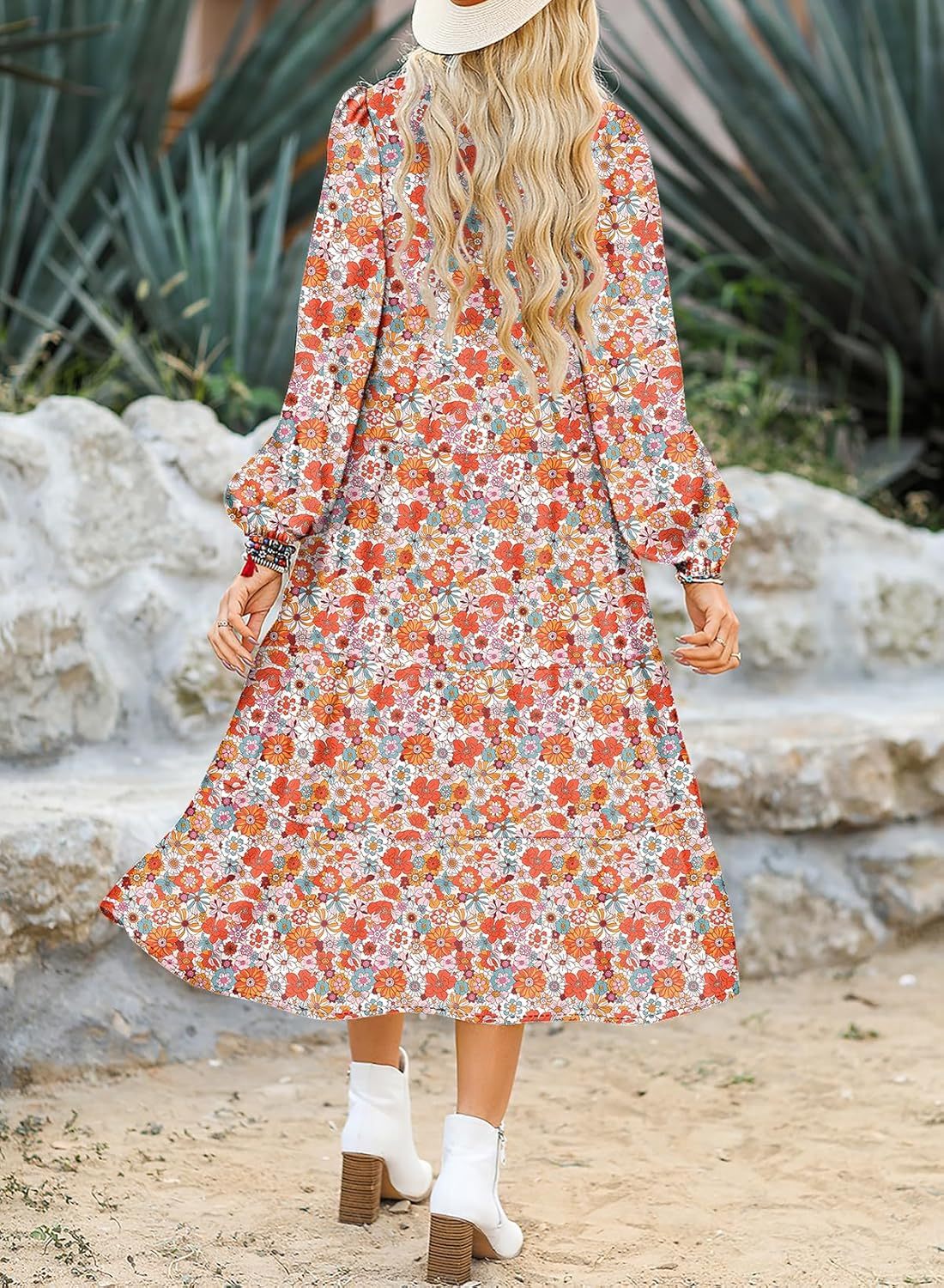 HOT SALE Women's Casual Loose Puff Sleeve V Neck Bohemian Floral Dress