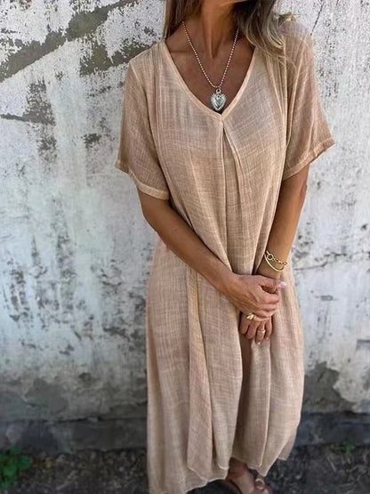 Cotton and Linen V-neck Midi Dress(buy 2 free shipping)