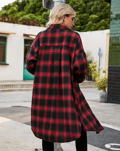 WOMEN'S BUTTON DOWN FLANNEL SHIRTS PLAID SHACKET COLLARED LONG JACKET COATS(BUY 2 FREE SHIPPING)