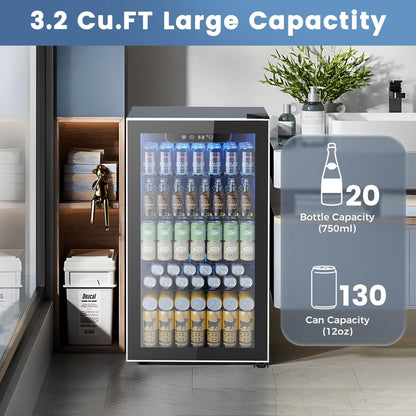 Mini Fridge 130 Can Beverage Refrigerator Cooler, 3.2 Cu.Ft Drink Fridge for Soda Wine Beer, Adjustable Temperature Control for Home Office, Black