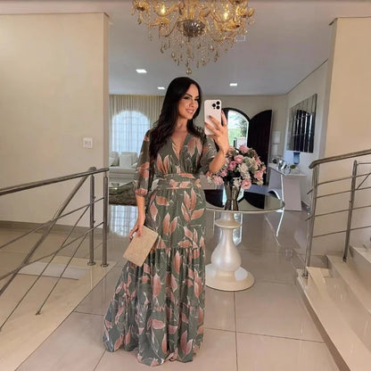 Printed V-Neck Maxi Dress with Tiered Hemline