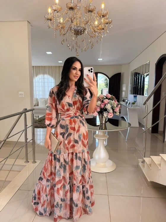 Printed V-Neck Maxi Dress with Tiered Hemline