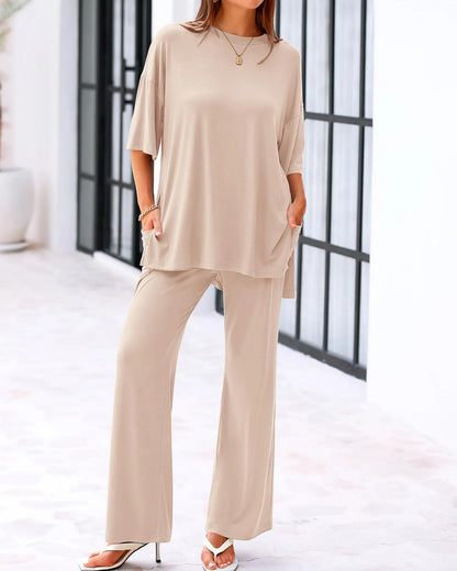 Casual 2-Piece Loose-Fit Short Sleeve Top & Wide-Leg Pants Set with Pockets (buy 2 free shipping!!!)