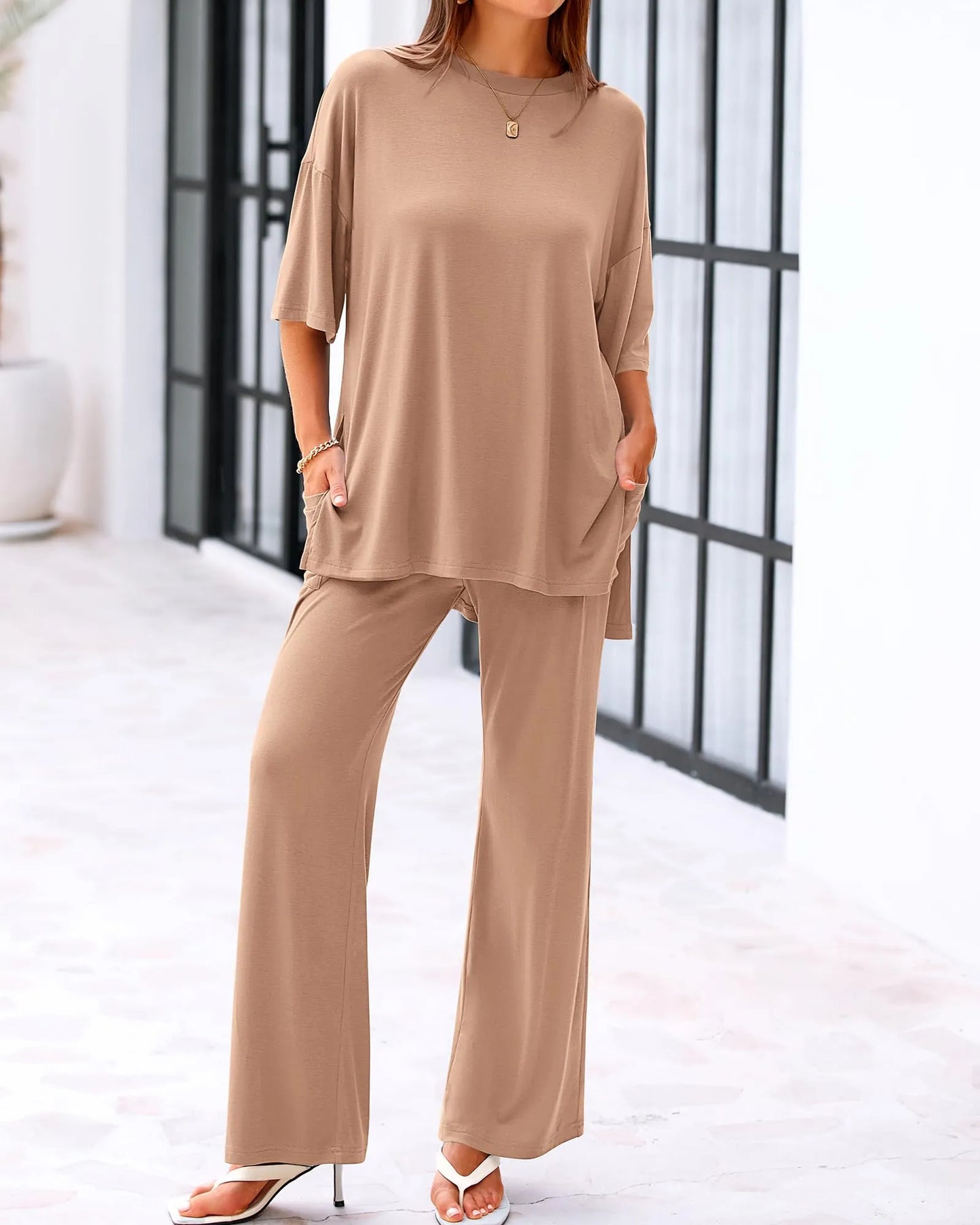 Casual 2-Piece Loose-Fit Short Sleeve Top & Wide-Leg Pants Set with Pockets (buy 2 free shipping!!!)