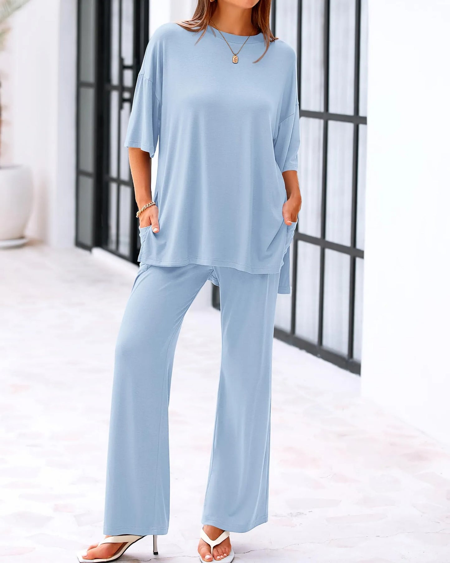 Casual 2-Piece Loose-Fit Short Sleeve Top & Wide-Leg Pants Set with Pockets (buy 2 free shipping!!!)