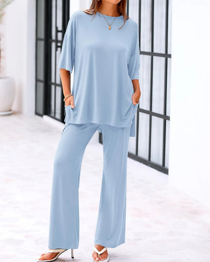 Casual 2-Piece Loose-Fit Short Sleeve Top & Wide-Leg Pants Set with Pockets (buy 2 free shipping!!!)
