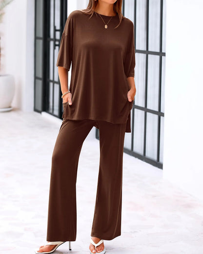 Casual 2-Piece Loose-Fit Short Sleeve Top & Wide-Leg Pants Set with Pockets (buy 2 free shipping!!!)