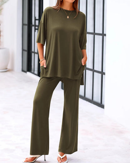 Casual 2-Piece Loose-Fit Short Sleeve Top & Wide-Leg Pants Set with Pockets (buy 2 free shipping!!!)