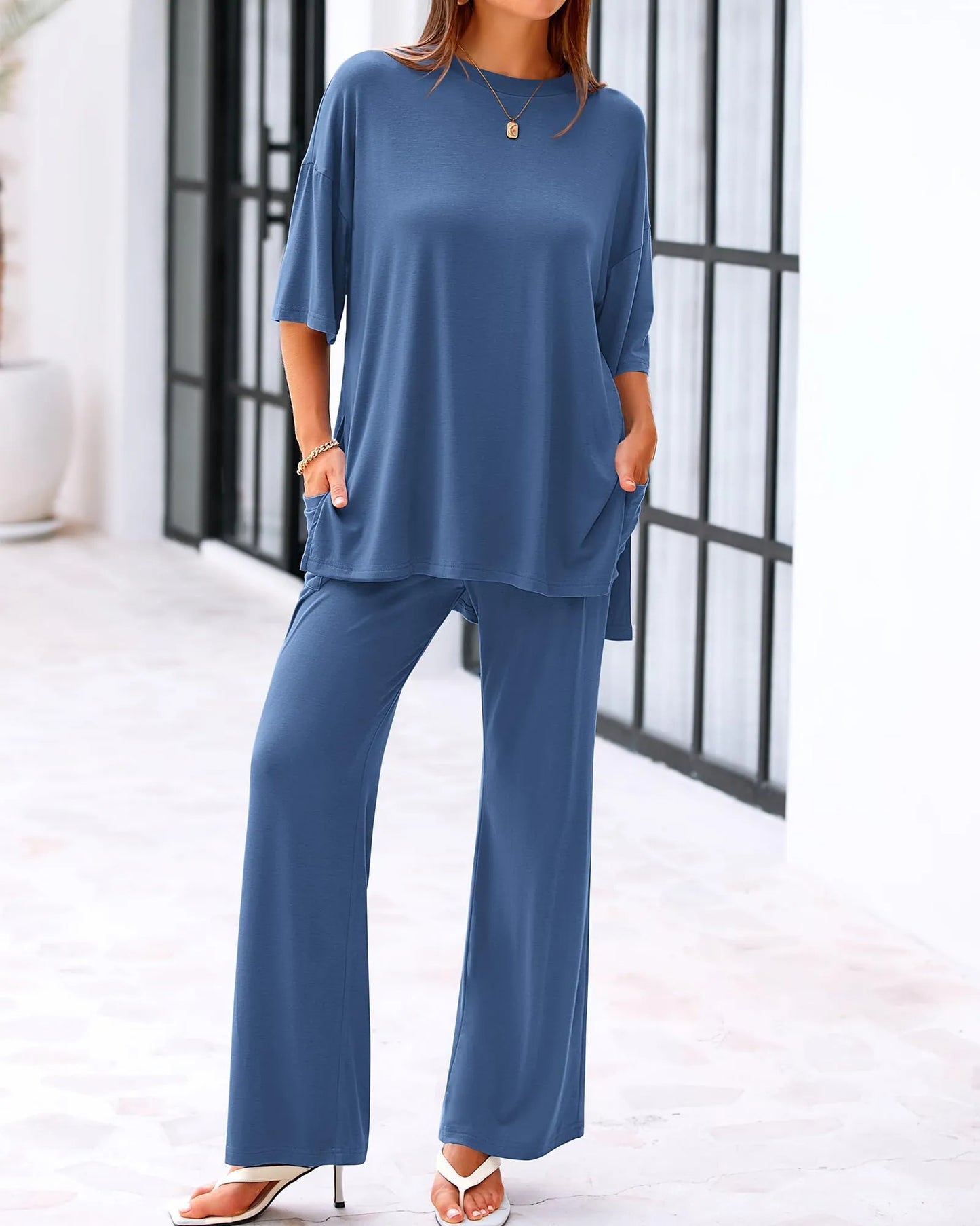 Casual 2-Piece Loose-Fit Short Sleeve Top & Wide-Leg Pants Set with Pockets (buy 2 free shipping!!!)