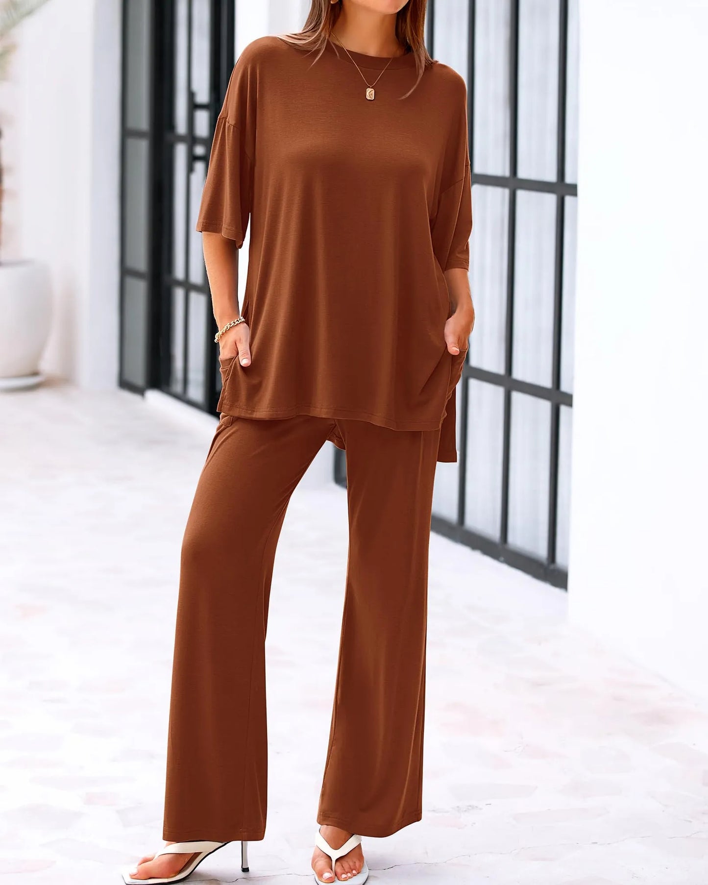Casual 2-Piece Loose-Fit Short Sleeve Top & Wide-Leg Pants Set with Pockets (buy 2 free shipping!!!)