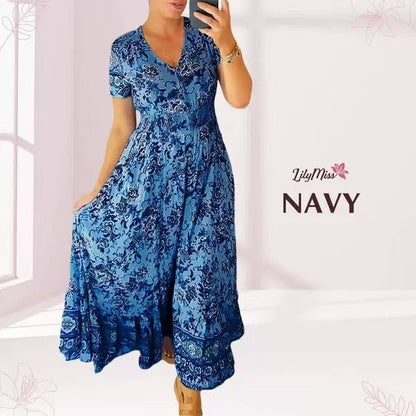 🔥LAST DAY 70% OFF🔥Boho Floral Print Short Sleeve V Neck Elegant Maxi Dress 🔥 (Buy 2 Free Shipping)